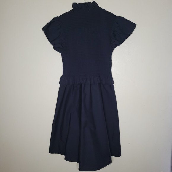 Sunday Up Dress Navy Blue Size Large Smocked Bodice Mock Neck Ruffle Sleeves - Picture 6 of 11